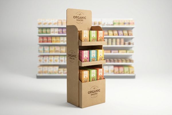 A retail environment features a brown corrugated Point-of-Purchase display showcasing colorful boxes of Organic Snacks, with blurred store shelves in the background.