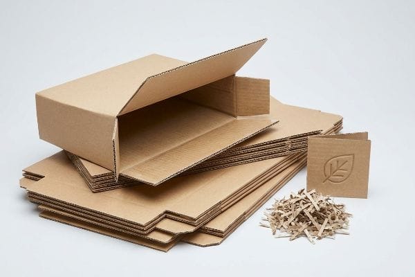 Natural brown recyclable corrugated board boxes, shredded packing material, and a cardboard piece with an embossed leaf logo.