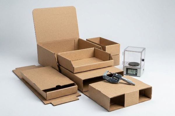 Corrugated cardboard boxes, flat and assembled, with a digital micrometer and precision scale for engineered packaging tolerances.
