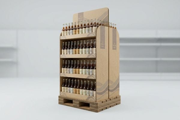 Brown corrugated cardboard end-of-aisle display with multiple tiers of beverage bottles, featuring a double-wall pallet base.