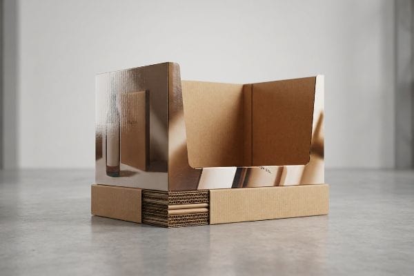 A brown unassembled corrugated cardboard pallet display unit, featuring a reflective printed front panel and visible layered fluting.