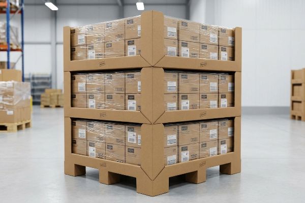 A large retail-ready corrugated cardboard display unit, multi-tiered and stacked with shrink-wrapped product boxes, stands in a warehouse environment.