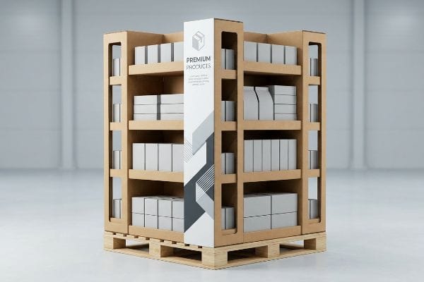 A corrugated pallet merchandiser with shop-through window columns, featuring 