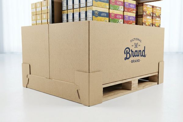 Corrugated cardboard pallet skirt featuring a 'Fictional Brand' logo, concealing a wooden pallet and supporting stacked product boxes for a retail display.