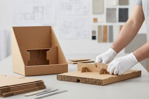 Brown corrugated cardboard POP display assembly, hands in white gloves folding origami-style paper locks for structural integrity.