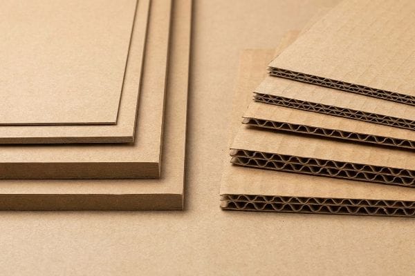Stacks of brown kraft paperboard sheets and corrugated cardboard with visible fluting for packaging.