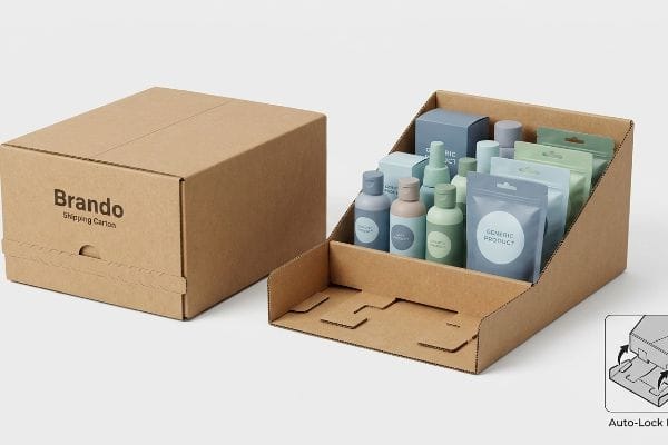 Corrugated PDQ display tray with Auto-Lock base, filled with 'Generic Product' bottles, beside a 'Brando Shipping Carton'.
