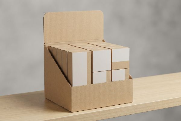 A brown corrugated cardboard PDQ display box on a wooden shelf, filled with small, plain product boxes for retail merchandising.