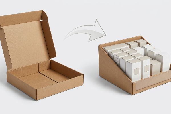 Brown corrugated cardboard box transforming into a retail-ready PDQ display unit filled with small, light-colored product boxes, showcasing efficient assembly.
