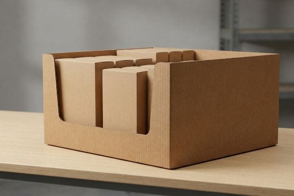 A brown corrugated PDQ tray display, filled with smaller retail-ready brown boxes, sits on a light wooden shelf.
