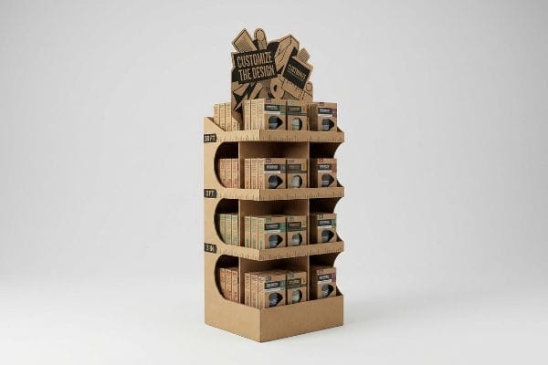 Brown corrugated POP display with product packaging.