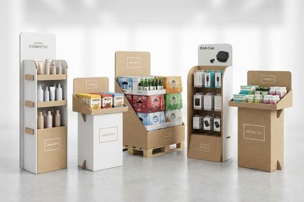Various cardboard POP displays featuring cosmetics, snacks, beverages, end-cap electronics, and health products, with 'Brandit' branding.