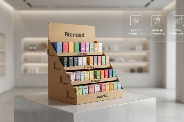 A modern retail environment showcases a multi-tiered corrugated cardboard POP display filled with colorful 'Branded' product boxes, highlighting Brand Visibility, Impulse Purchases, and Retail Optimization.