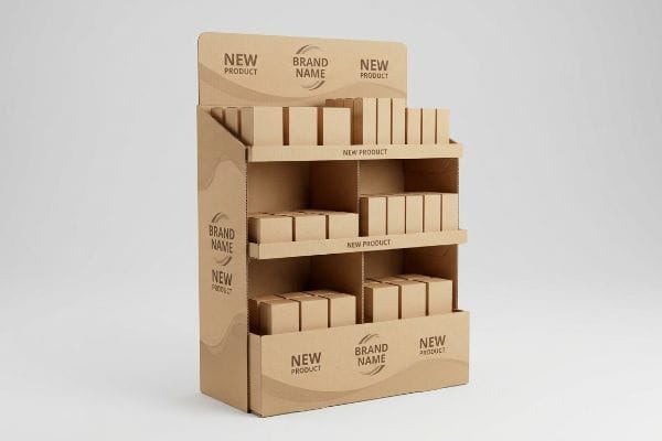 Corrugated cardboard POP display with shelves of brown boxes, featuring