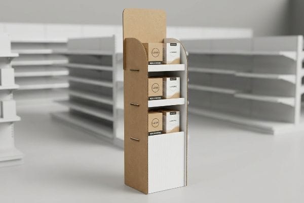 Um ambiente de varejo apresenta um expositor de ponto de venda (PDV) de papelão ondulado marrom e branco natural com três prateleiras exibindo produtos