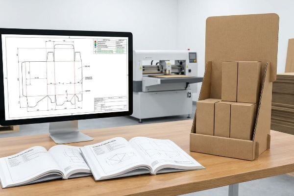 A detailed packaging dieline is displayed on a monitor, next to an open technical specification book and a corrugated POP display unit filled with brown boxes, with a die-cutting machine in the background.
