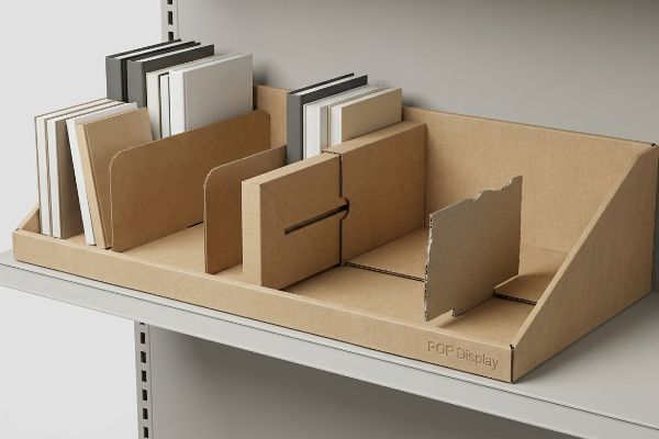 Kraft corrugated cardboard Pop Display tray with modular dividers holding various book samples on a retail shelf.