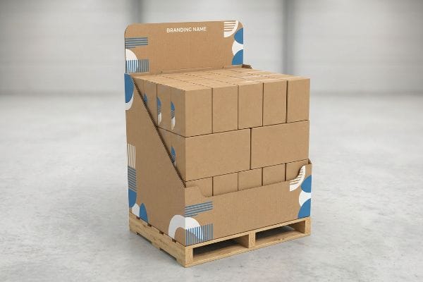 Corrugated cardboard point of purchase floor display, filled with brown product boxes, blue geometric patterns, on a wooden GMA pallet.
