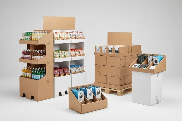 Multiple corrugated cardboard point of purchase displays, including a multi-tiered beverage stand, snack shelves, a pallet display, and counter units.