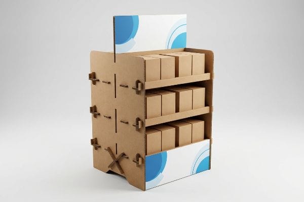 POS-Displayständer aus Wellpappe mit drei Regalböden aus braunen Kartons und blauen Grafiken, ideal für die Warenpräsentation im Einzelhandel.