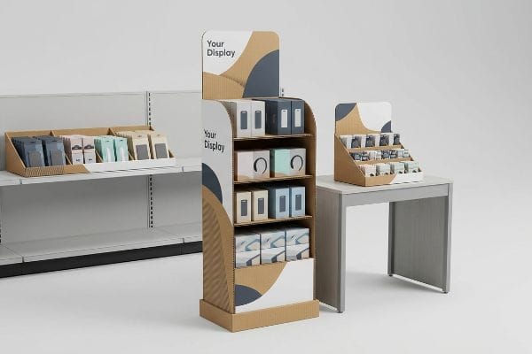 A retail environment showcases a corrugated floor stand, countertop unit, and shelf tray POP displays filled with various product boxes.