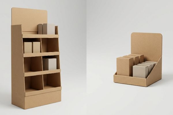 Tall corrugated cardboard POP floor stand display featuring multiple shelves, each containing small plain brown and light grey boxes, ideal for retail merchandising.