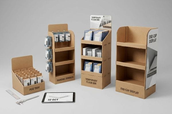 Kraft corrugated cardboard POS displays: PDQ Tray, Hanging Sidekick, Temporary Floor Bin, End-Cap Display. Caliper, tablet show 32 ECT.