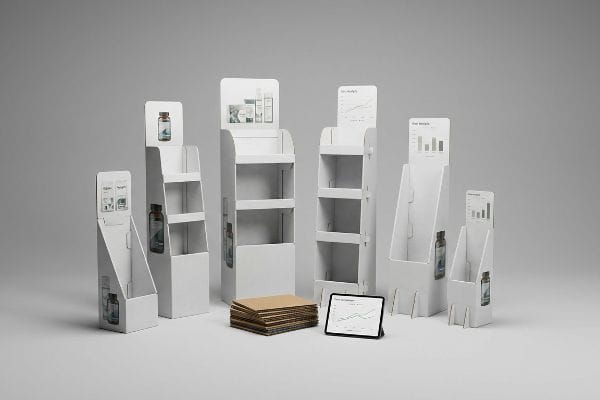 A studio displays white cardboard POS cutout standees, some with product bottles, alongside flat corrugated pieces and a tablet showing a data graph.