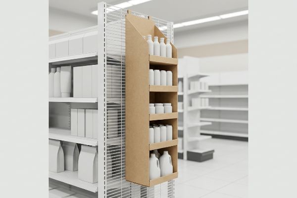 A brown corrugated power wing display, stocked with white bottles and jars, hangs from a white metal retail shelving unit in a store aisle.