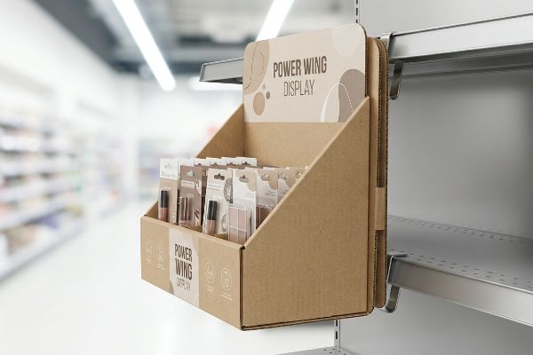 Natural corrugated Power Wing Display with cosmetics, secured to a retail shelf by a metal S-clip bracket.
