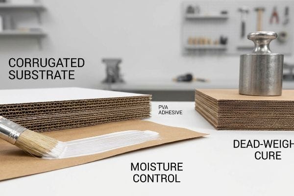 Corrugated paperboard lamination with PVA Adhesive for Moisture Control, showing a Dead-Weight Cure to prevent warping.