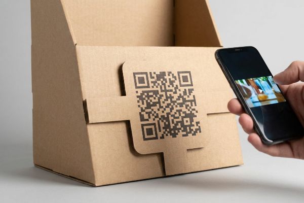 El expositor de punto de venta de cartón corrugado marrón incluye un código QR impreso que se escanea mediante un teléfono inteligente para acceder al contenido digital.