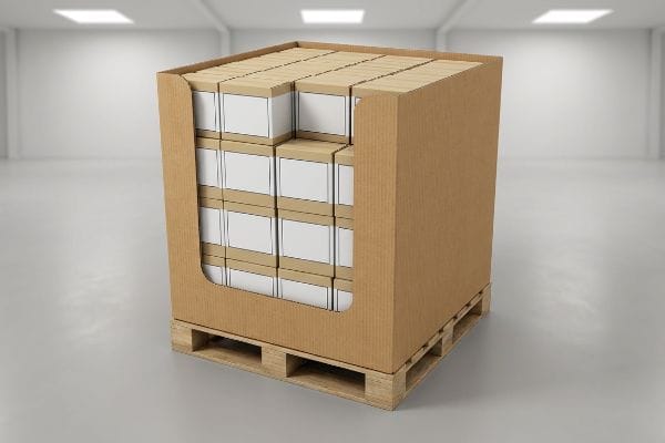 A compact corrugated quarter pallet display, filled with stacked product boxes, sits on a wooden pallet in a clean warehouse.