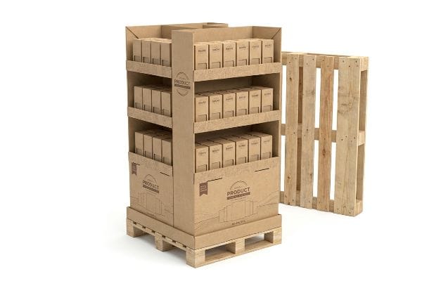 Corrugated quarter pallet merchandiser, branded 'Product', filled with small brown boxes on a wooden pallet.