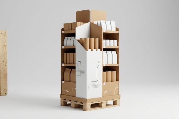 Multi-tiered corrugated cardboard FSDU on a wooden quarter-pallet, stocked with generic products for modular retail display.
