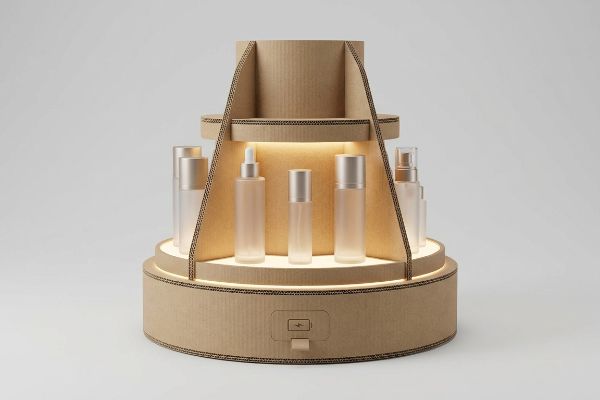 Expositor de papelão ondulado com luzes LED integradas destaca frascos de cosméticos com acabamento fosco.