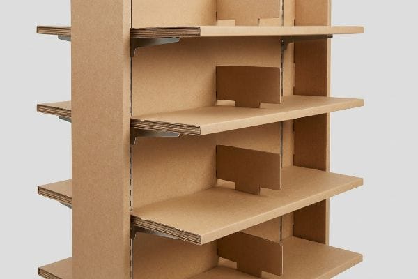 Adjustable corrugated cardboard floor POP display shelves with metal brackets and modular dividers for flexible merchandising.