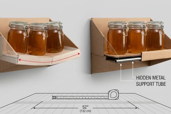 Corrugated cardboard shelf comparison: a sagging shelf with glass honey jars and a 52-inch measurement, contrasted with a level shelf featuring a Hidden Metal Support Tube.