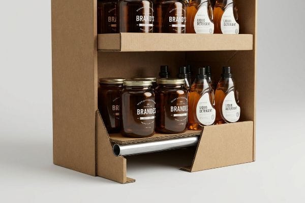 Corrugated cardboard display shelf with amber Brandes jars, Liquid Detergent bottles, and a hidden silver steel support bar.