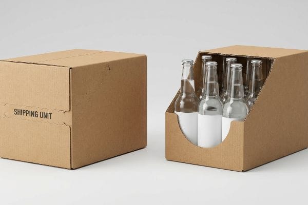 Corrugated cardboard shipping unit box next to an open shelf-ready packaging tray holding six clear glass bottles with silver caps and white labels.