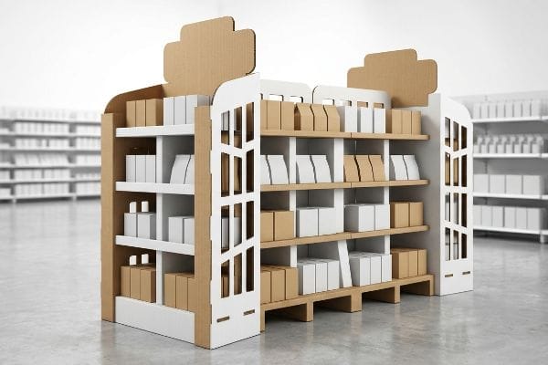 Corrugated cardboard retail end cap display with white shelves, shop-through architecture, and various product boxes.