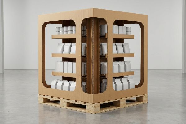 Natural brown corrugated cardboard 3-way shoppable pallet display on a wooden pallet, featuring shop-through arches filled with white unbranded products.