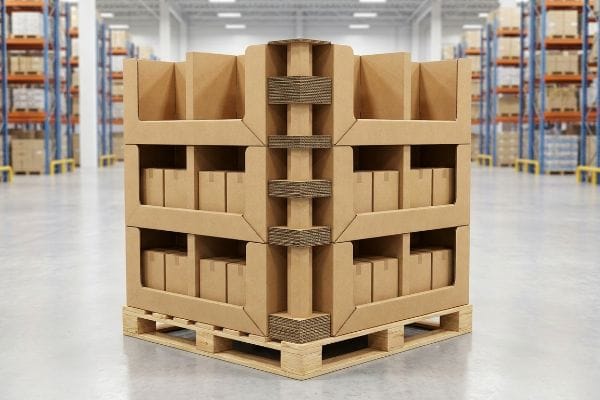 Corrugated club store pallet display, internal load-bearing spine, 360-degree shop-through access, on wooden pallet.