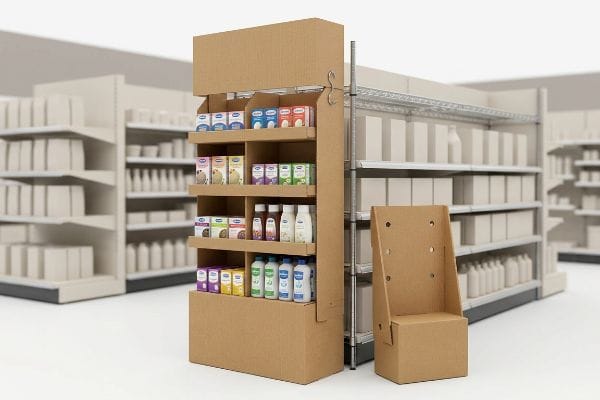 Corrugated cardboard side cap display, fully stocked with diverse products, mounted on retail shelving, with an unassembled unit.
