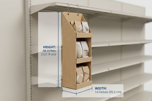 Brown corrugated sidekick display, 48 inches (121.9 cm) high and 14 inches (35.5 cm) wide, showcasing products in three tiers on a retail aisle.