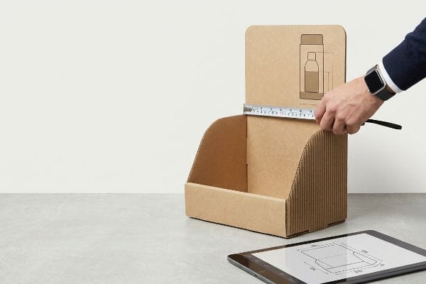 Corrugated cardboard sidekick display measured with a tape, ensuring retailer compliance with precise dimensions and dieline on tablet.