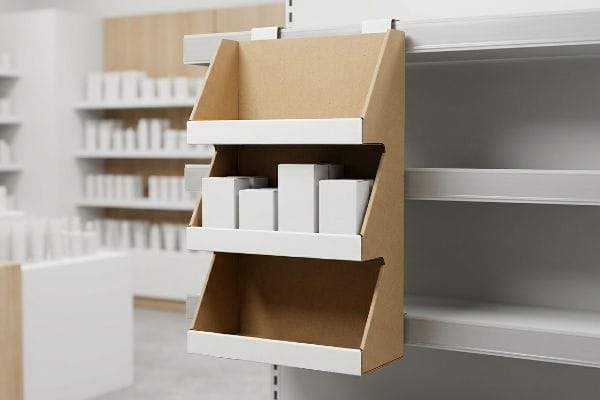 Natural brown corrugated cardboard three-tier sidekick display hanging on a retail shelf, with white product boxes on the middle tier.