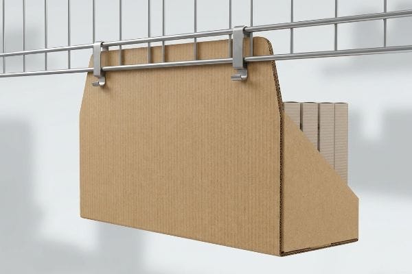 Brown corrugated cardboard sidekick display unit suspended from a metal wire rack with S-clips, featuring a trapezoidal double-layer spine.