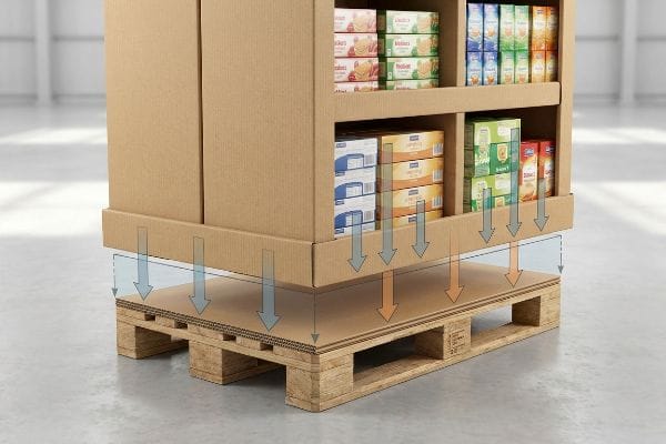 Corrugated slip sheet under a retail pallet display, showing weight distribution arrows preventing bottom-tier sag over wooden pallet deck gaps.