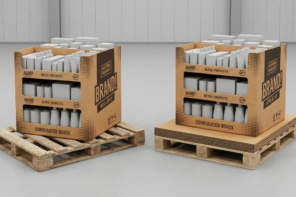 Brown corrugated retail displays, one on a wooden pallet and another on a corrugated slip sheet, showcasing Brand! Retail Products and proper pallet storage.